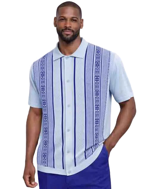 Mens Light Blue Vertical Pattern Short Sleeve Button-Up Shirt – Retro Casual Summer Polo Style With Walking Suit Plus Matching Pants