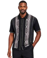Mens Black Short Sleeve Button-Up Shirt with Tribal Pattern Panel – Modern Casual Summer Shirt-Walking Suit Plus Matching Pants