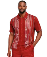Mens Red Patterned Short Sleeve Button-Up Shirt Set – Modern Summer Casual Outfit With Walking Suit Plus Matching Pants