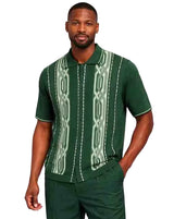 Mens Green Knit Polo Shirt Set with Geometric Pattern – Premium Short Sleeve Casual Summer Outfit With Walking Suit Plus Matching Pants