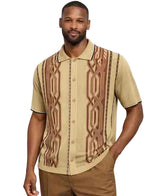 Mens Retro Geometric Pattern Short Sleeve Shirt With Walking Suit Plus Matching Pants – Vintage Knit Button-Up Polo Style Casual Summer Shirt