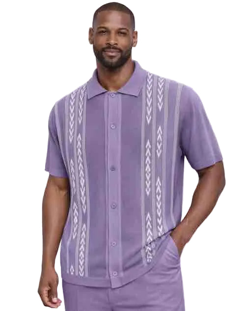 Mens Lavender Short Sleeve Button-Up Shirt With Walking Suit Plus Matching Pants – Modern Casual Summer Outfit