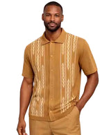 Mens Camel Textured Short Sleeve Button-Up Shirt With Walking Suit Plus Matching Pants – Vintage Pattern Casual Summer Shirt