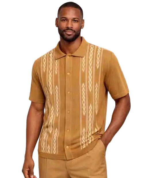 Mens Camel Textured Short Sleeve Button-Up Shirt With Walking Suit Plus Matching Pants – Vintage Pattern Casual Summer Shirt