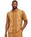 Mens Camel Textured Short Sleeve Button-Up Shirt With Walking Suit Plus Matching Pants – Vintage Pattern Casual Summer Shirt