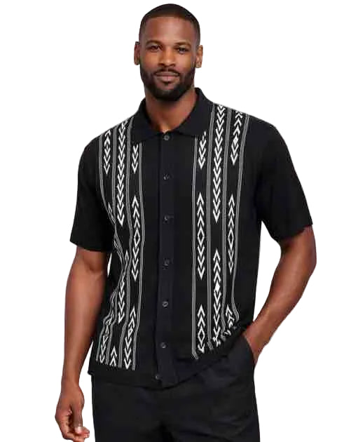 Mens Black Patterned Short Sleeve Button-Up Shirt – Modern Ethnic Print Casual Summer Shirt With Walking Suit Plus Matching Pants