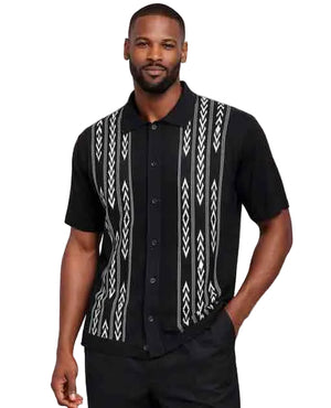 Mens Black Patterned Short Sleeve Button-Up Shirt – Modern Ethnic Print Casual Summer Shirt With Walking Suit Plus Matching Pants