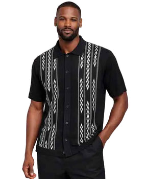Mens Black Patterned Short Sleeve Button-Up Shirt – Modern Ethnic Print Casual Summer Shirt With Walking Suit Plus Matching Pants