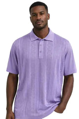Mens Lavender Textured Polo Shirt With Walking Suit Plus Matching Pants – Short Sleeve Classic Fit Casual Summer Knit Top