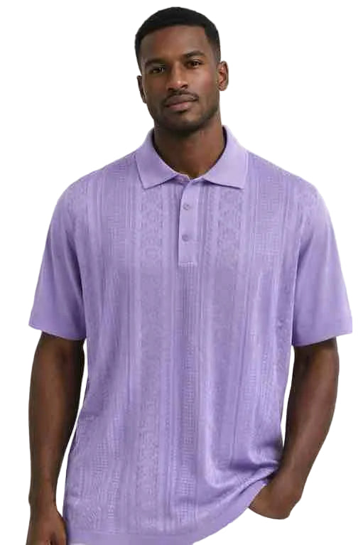 Mens Lavender Textured Polo Shirt With Walking Suit Plus Matching Pants – Short Sleeve Classic Fit Casual Summer Knit Top