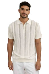 Mens Cream Knit Polo Shirt With Walking Suit Plus Matching Pants– Short Sleeve Textured Vertical Pattern Summer Casual Shirt