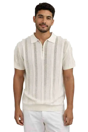 Mens Cream Knit Polo Shirt With Walking Suit Plus Matching Pants– Short Sleeve Textured Vertical Pattern Summer Casual Shirt