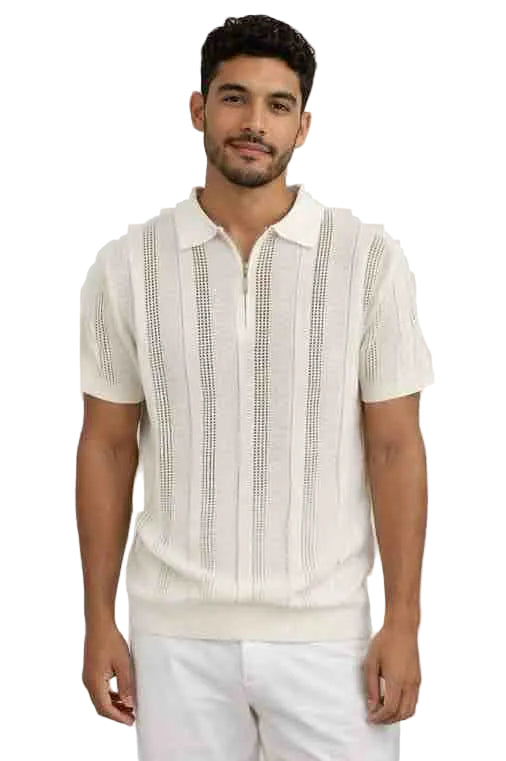 Mens Cream Knit Polo Shirt With Walking Suit Plus Matching Pants– Short Sleeve Textured Vertical Pattern Summer Casual Shirt