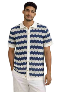 Mens Blue and White Zigzag Knit Button-Up Polo Shirt – Short Sleeve Summer Casual Resort Wear