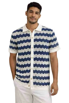 Mens Blue and White Zigzag Knit Button-Up Polo Shirt – Short Sleeve Summer Casual Resort Wear