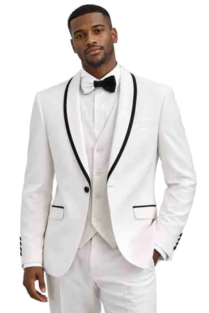 Mens White Tuxedo Suit with Black Shawl Lapel – Slim Fit 3 Piece Wedding and Prom Suit