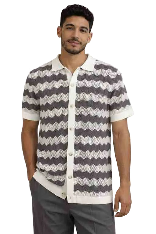 Mens Retro Zigzag Knit Polo Shirt With Walking Suit Plus Matching Pants – Short Sleeve Button-Up Textured Summer Casual Shirt