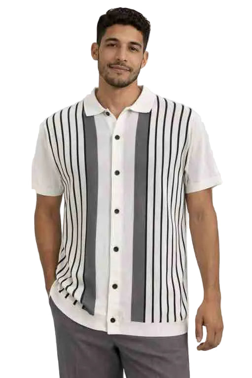 Mens Retro Vertical Stripe Button-Up Polo Shirt With Walking Suit Plus Matching Pants – Short Sleeve Casual Summer Knit Shirt White and Black