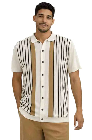 Mens Vertical Stripe Knit Polo Shirt With Walking Suit Plus Matching Pants – Beige and Cream Button-Up Casual Summer Shirt