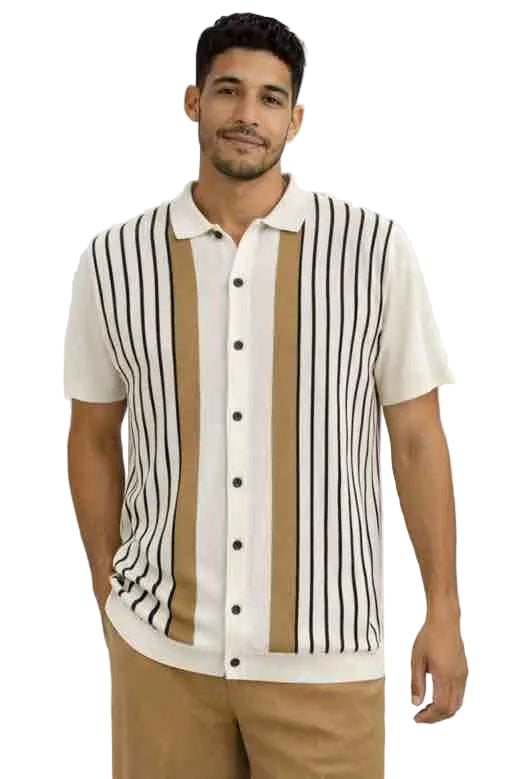 Mens Vertical Stripe Knit Polo Shirt With Walking Suit Plus Matching Pants – Beige and Cream Button-Up Casual Summer Shirt
