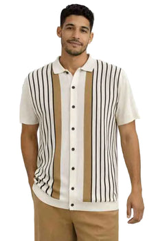 Mens Vertical Stripe Knit Polo Shirt With Walking Suit Plus Matching Pants – Beige and Cream Button-Up Casual Summer Shirt