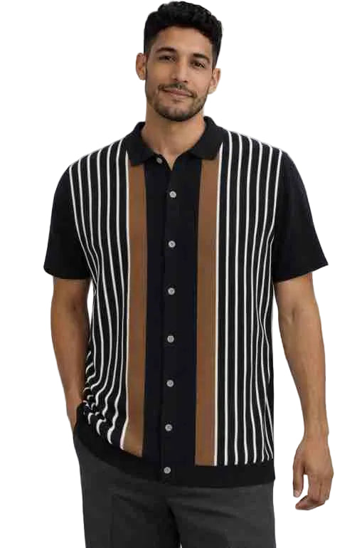 Mens Retro Knit Short Sleeve Button-Down Polo – Vertical Stripe