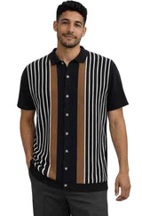 Mens Retro Knit Short Sleeve Button-Down Polo – Vertical Stripe