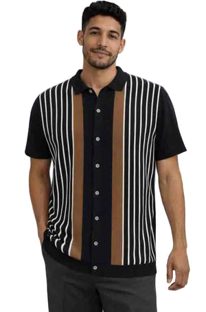 Mens Retro Knit Short Sleeve Button-Down Polo – Vertical Stripe