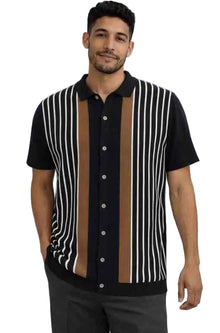 Mens Retro Knit Short Sleeve Button-Down Polo – Vertical Stripe