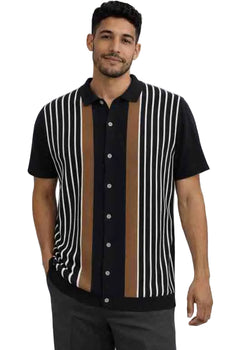 Mens Retro Knit Short Sleeve Button-Down Polo – Vertical Stripe