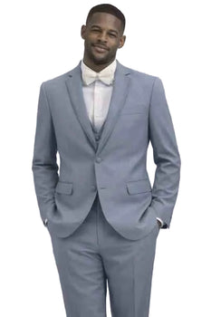 Mens Light Blue 3-Piece Suit with Vest and Bow Tie – Slim Fit Wedding, Prom and Formal Tuxedo Set