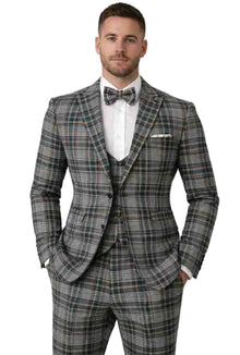 Mens Green and Grey Plaid 3 Piece Suit Slim Fit Wedding and Prom Tuxedo with Vest and Bow Tie