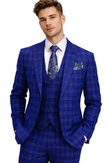 Mens Royal Blue Windowpane 3 Piece Suit – Slim Fit Wedding and Prom Tuxedo Set with Vest