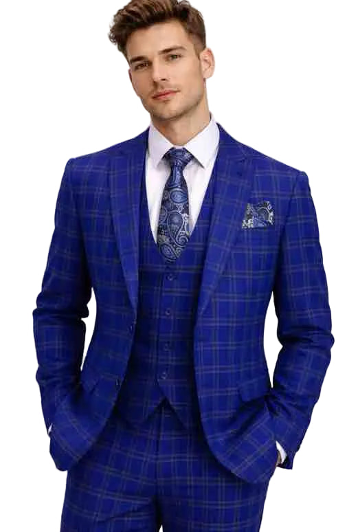 Mens Royal Blue Windowpane 3 Piece Suit – Slim Fit Wedding and Prom Tuxedo Set with Vest