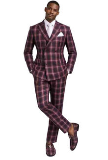 Mens Burgundy Plaid Slim Fit Double-Breasted Suit – Premium Formal Wedding and Party Wear