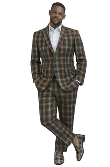 Mens Plaid 2 Piece Suit – Slim Fit Checkered Wedding and Prom Suit in Green and Brown Pattern