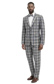 Mens Grey Plaid Suit – Slim Fit 2 Button Checkered Wedding and Prom Tuxedo Set