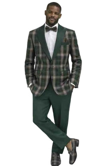 Mens Green Plaid Tuxedo Suit – Slim Fit Shawl Lapel Wedding and Prom Suit with Bow Tie