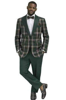 Mens Green Plaid Tuxedo Suit – Slim Fit Shawl Lapel Wedding and Prom Suit with Bow Tie