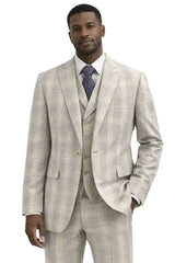 Mens Modern Fit 3-Piece Windowpane Check Suit – Sandstone Beige Modern Fit