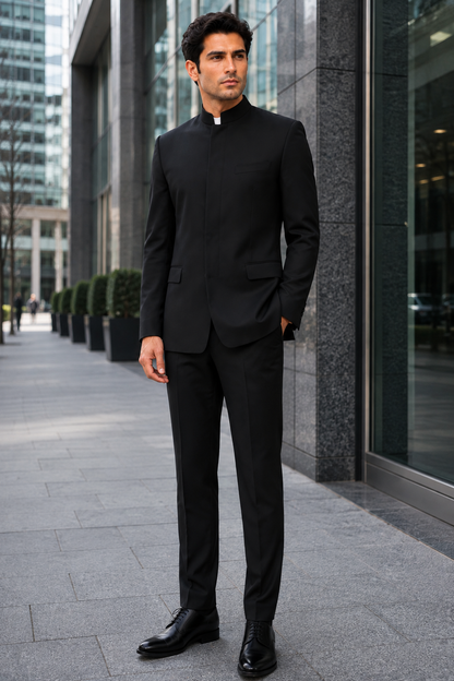 Apollo King Black Mandarin Collar Suit  Modern Fit