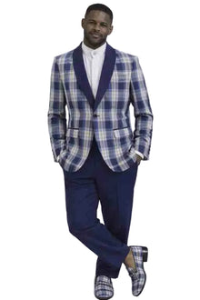 Mens Blue Plaid Tuxedo Suit – Slim Fit Shawl Lapel Designer Suit with Contrast Trousers for Wedding and Prom