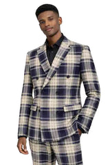 Mens Plaid Double-Breasted Suit – Slim Fit Checkered 2-Piece Wedding and Formal Suit Set