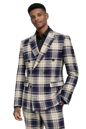 Mens Plaid Double-Breasted Suit – Slim Fit Checkered 2-Piece Wedding and Formal Suit Set