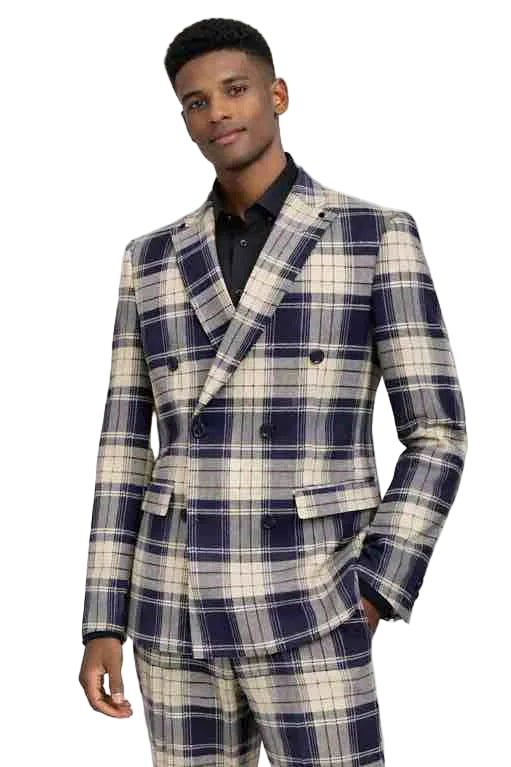 Mens Plaid Double-Breasted Suit – Slim Fit Checkered 2-Piece Wedding and Formal Suit Set