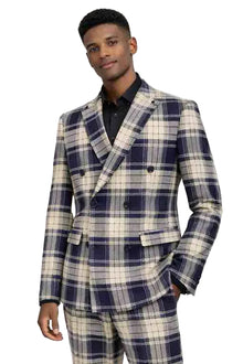 Mens Plaid Double-Breasted Suit – Slim Fit Checkered 2-Piece Wedding and Formal Suit Set