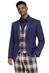 Mens Navy 3-Piece Suit – Slim Fit Solid Jacket with Plaid Vest and Trousers