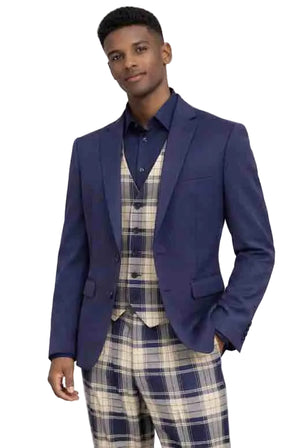 Mens Navy 3-Piece Suit – Slim Fit Solid Jacket with Plaid Vest and Trousers
