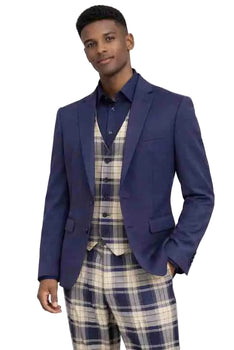 Mens Navy 3-Piece Suit – Slim Fit Solid Jacket with Plaid Vest and Trousers