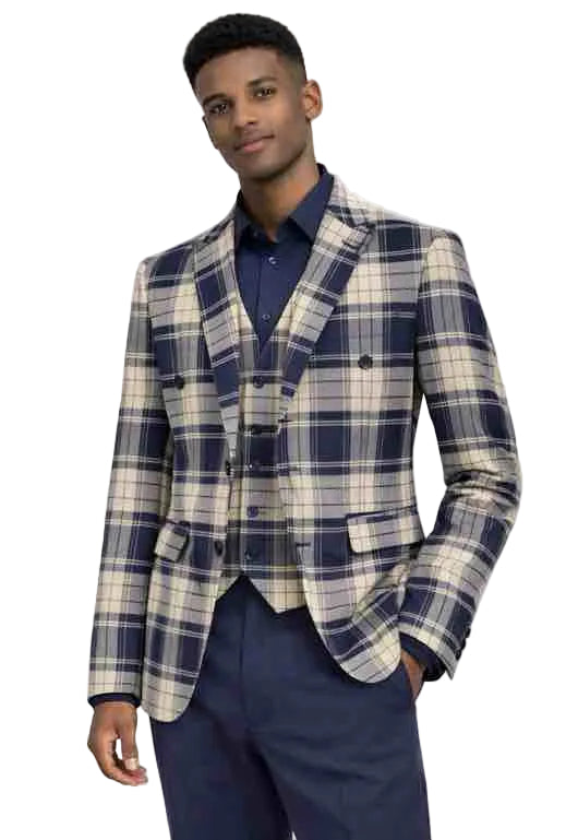 Mens Beige Navy Plaid 3-Piece Suit – Slim Fit Checkered Wedding and Formal Suit Set